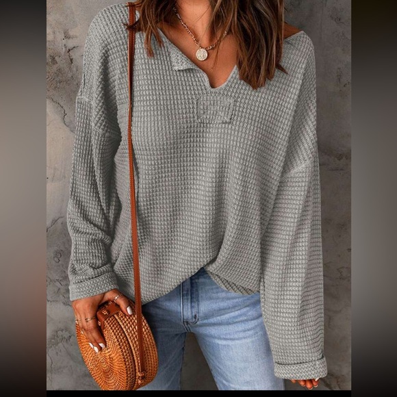 Cozy Waffle Knit Notched Neck Long Sleeve Top - Picture 4 of 7